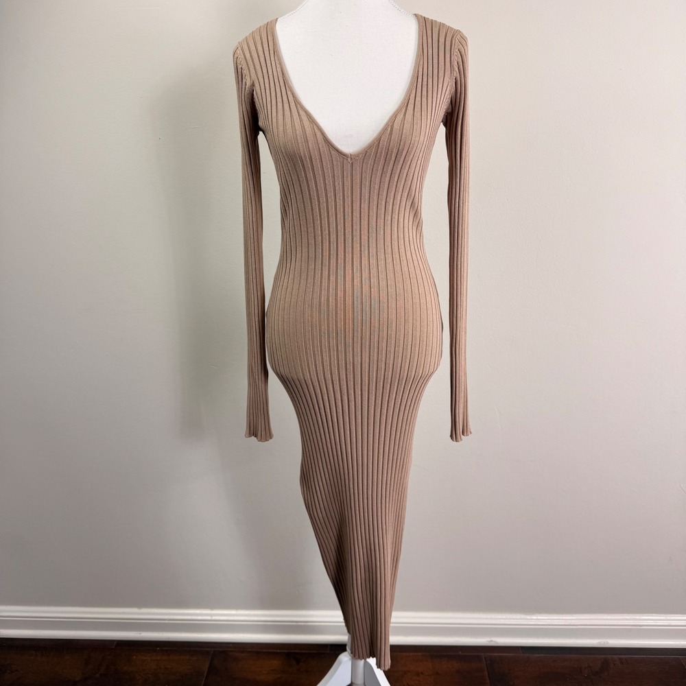 NBD REVOLOVE Tan Ribbed Knit Open Back Tie Maxi Dress Womens Small Deep V